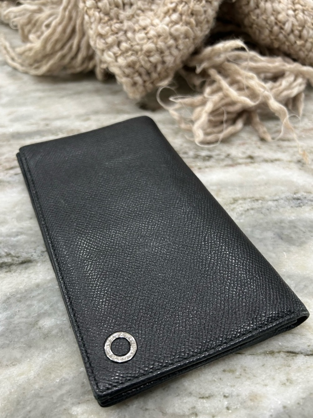 Bvlgari Authentic Black Leather Bi-fold Long Wallet with Silver Accent